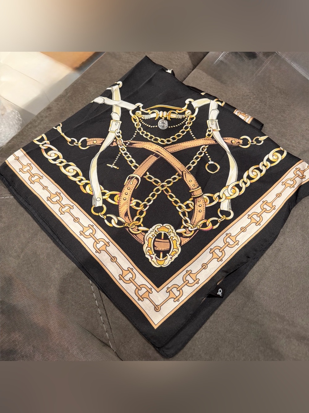 8 Other Reasons Black Silk Scarf with Gold and Tan Chain Print 60inch